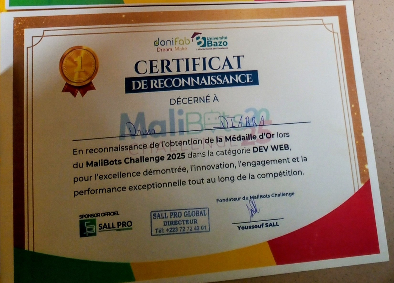 Certificat de la médaille d’or MaliBots Challenge 2025
