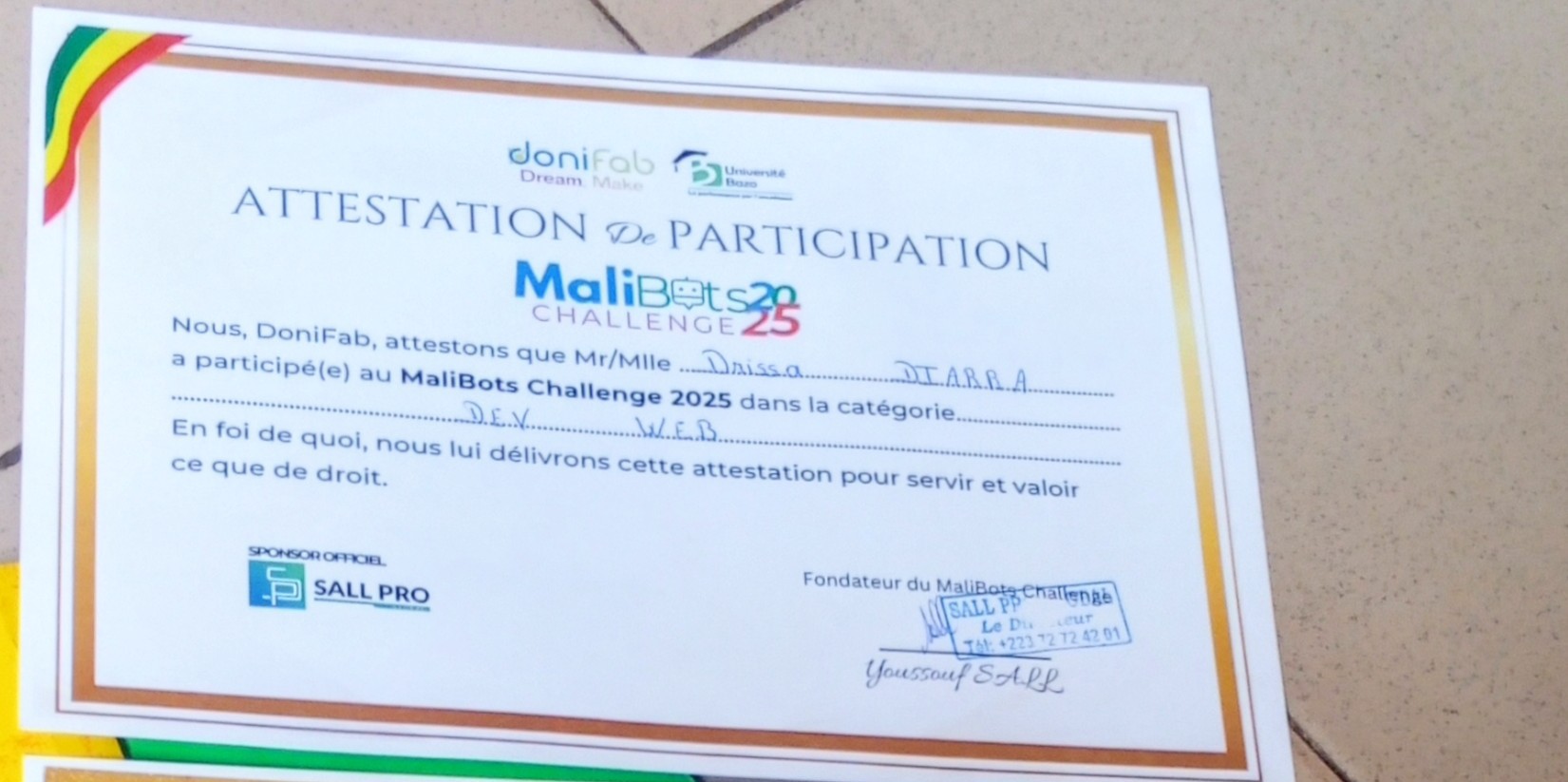 Attestation de participation au MaliBots Challenge 2025 en catégorie Dev Web