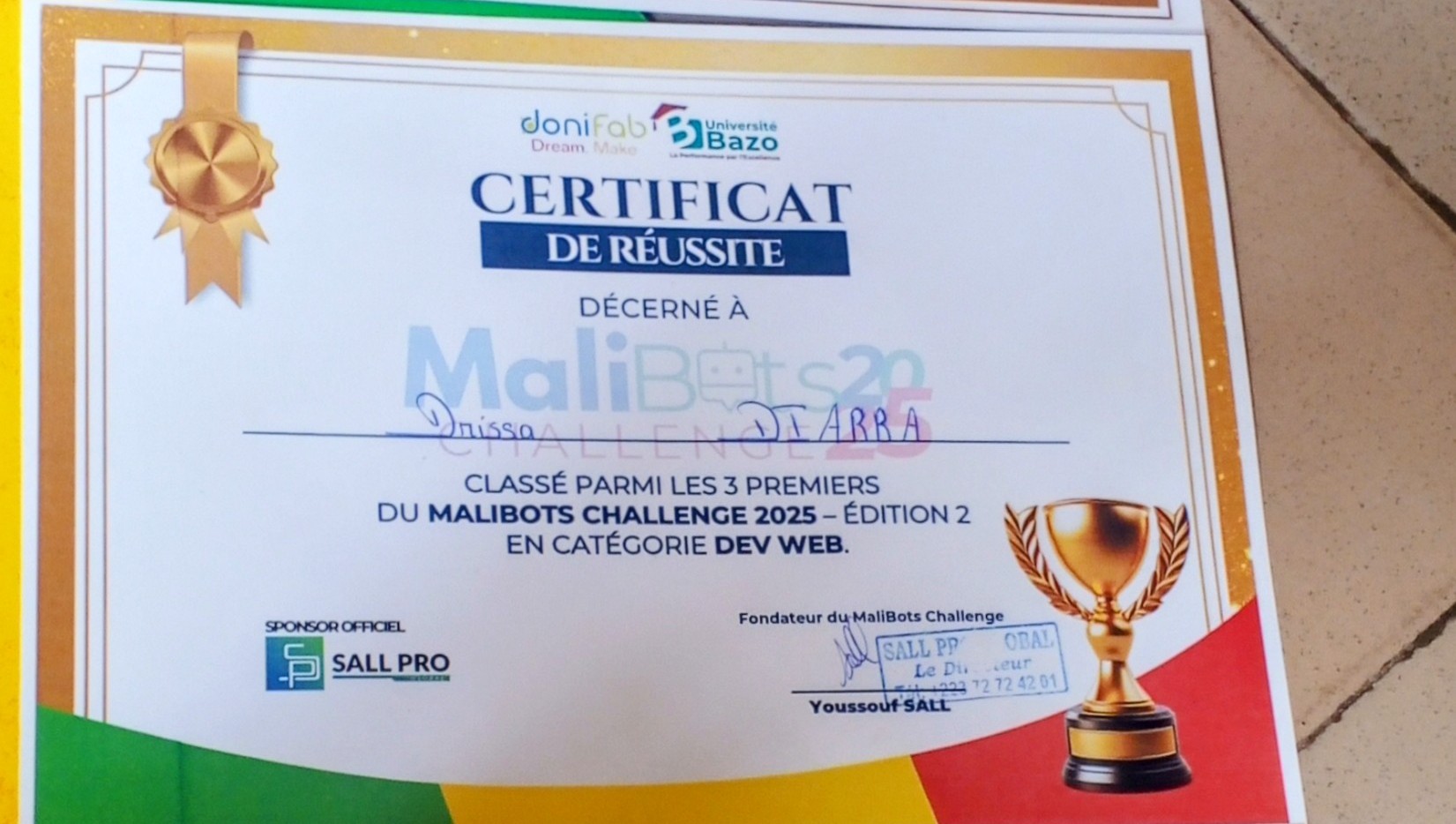 Certificat de réussite classant H@CKERBOY parmi les trois premiers du MaliBots Challenge 2025